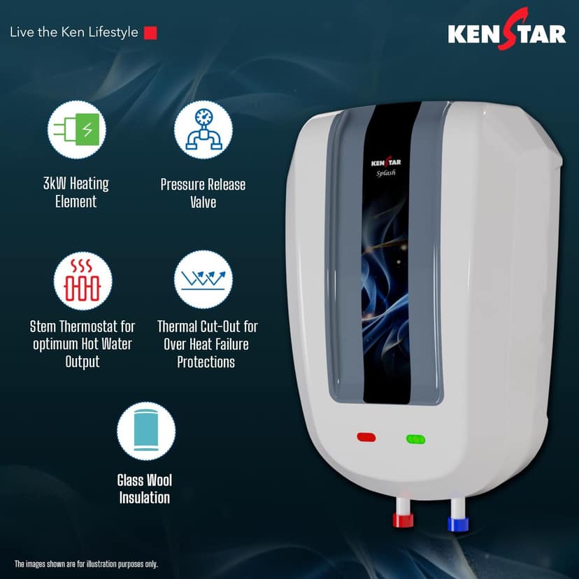 Kenstar Splash 5.9 L with Free Pipe, 3000-Watts Powerful Heating, Electric Instant Water Heater (Geyser) |High Grade SS Tank with Advanced 4 Level Safety, Rust-Proof, White & Grey view 2