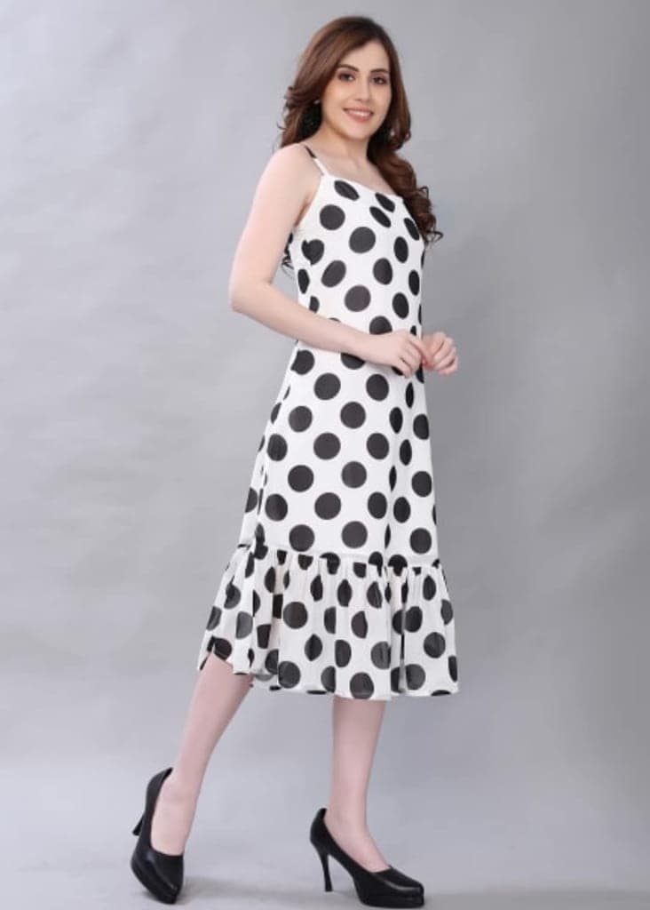 ATTIRIS Women's Crepe Polka Printed Sleeveless Ruffled Midi Dress, White view 2
