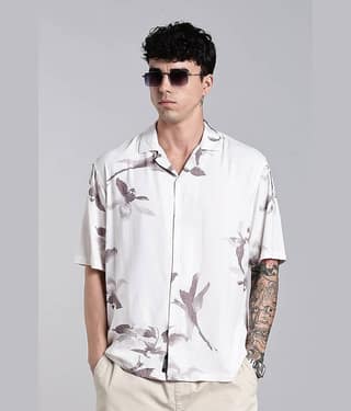 Paul Street Rayon Boxy Printed Half Sleeves Cuban Collar Men's Casual Shirt (Beige)