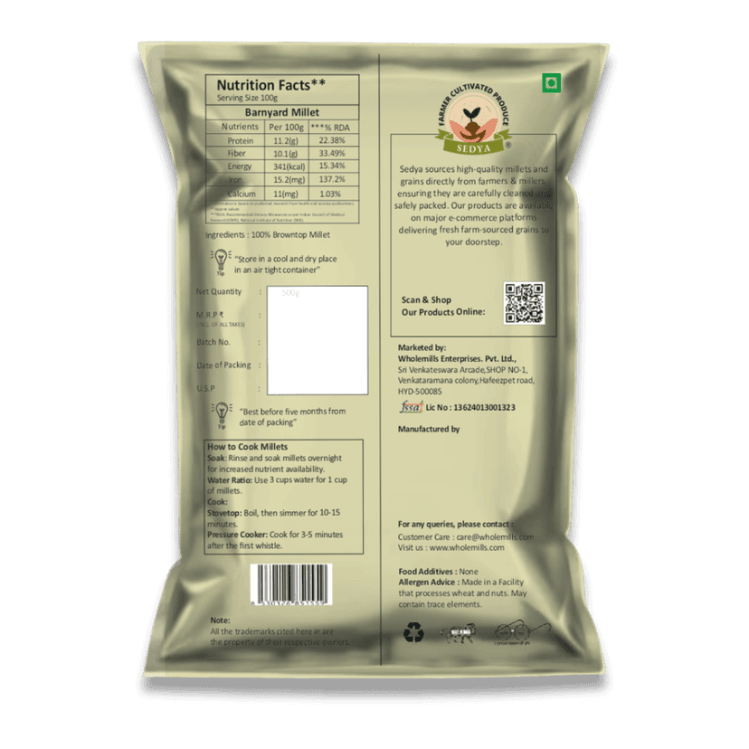 Sedya Two Millet Combo Whole Grains | Barnyard & Little Millet | Certified Low GI | Udalu / Samai | Gluten Free | Unpolished, Toasted, No Soaking Required | High Plant Protein & Fibre | 1 Kg Pack view 2