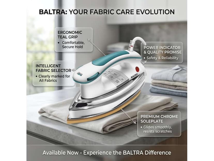 Baltra Dry Iron Impact 1000 Watts, Golden Sole Plate Greblon Non Sick Soleplate with German Technology, Shock Proof Body Heavyweight Iron Press view 2