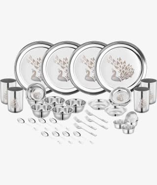 Classic Essentials Laser Printed Stainless Steel Dinner Set ( Pack of 32 ) Silver