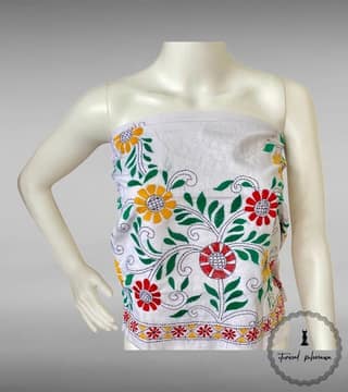 White Bengal Kantha Hand Embroidered Blouse Piece for Sarees