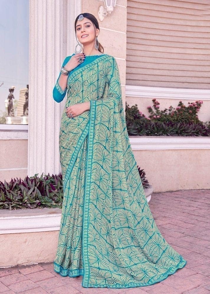 Digital Printed Georgette Saree in Turquoise