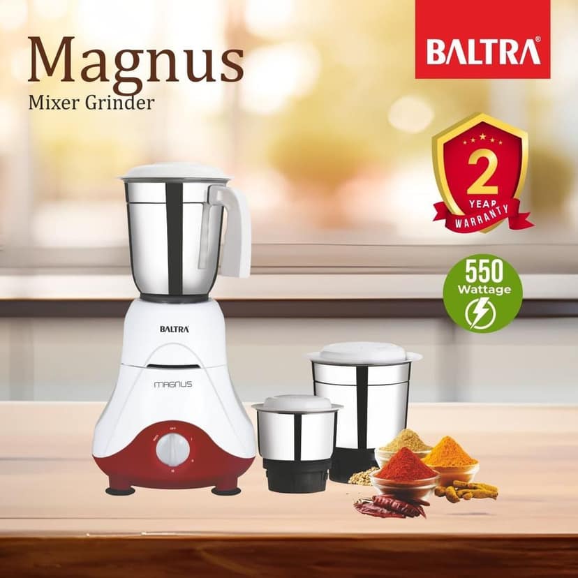 Baltra Magnus BMG-162 Mixer Grinder 550W | Best Mixie For Kitchen | Wet & Dry Grinding | 3 Stainless Steel Mixer Jars | Adjustable Speed Control, Low Noise, Overload Protection, 2-Year Warranty view 2