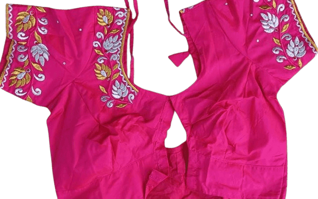 Pink and gold embroidered boat neck blouse view 2