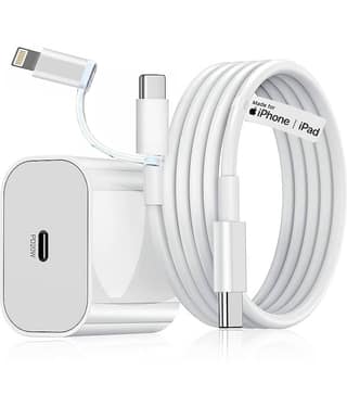20W USB-C Power Delivery PD 3A Fast Adapter Charger with 2 in 1 USB-C to C & convertible iPhone Cable Compatible with All Smartphones & iPhones