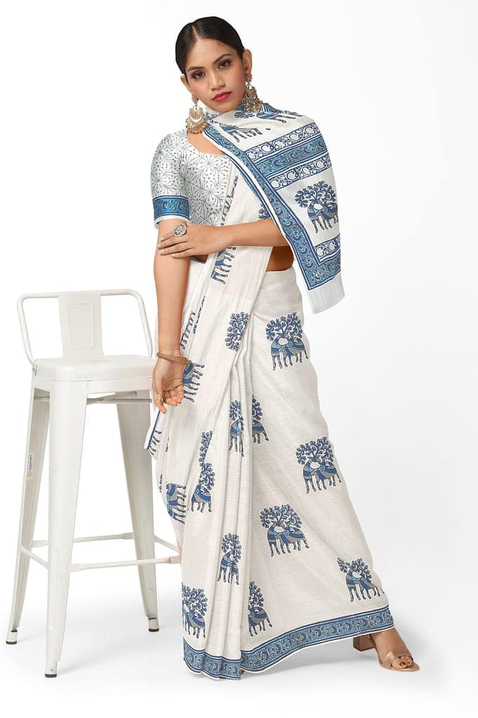 White Deer Motif Hand Block Print Color Malmal Cotton Saree SKU-AS10008 view 2
