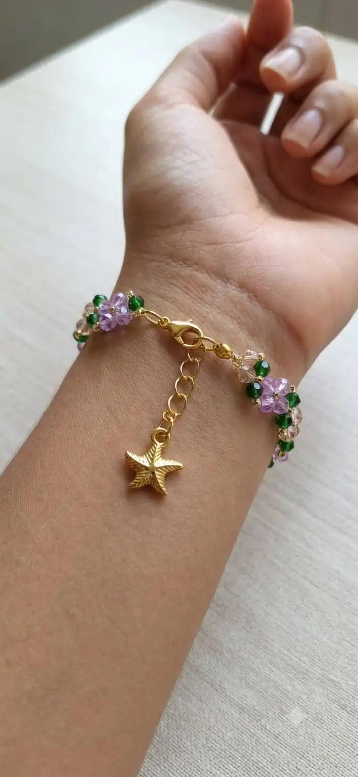 Handmade Purple, Emerald Green and Champagne Sparkle Floral Charm Bracelet view 2
