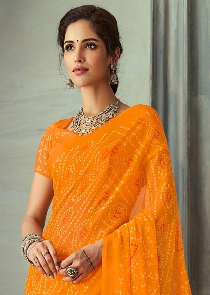 Bandhej Printed Chiffon Saree in Orange view 2