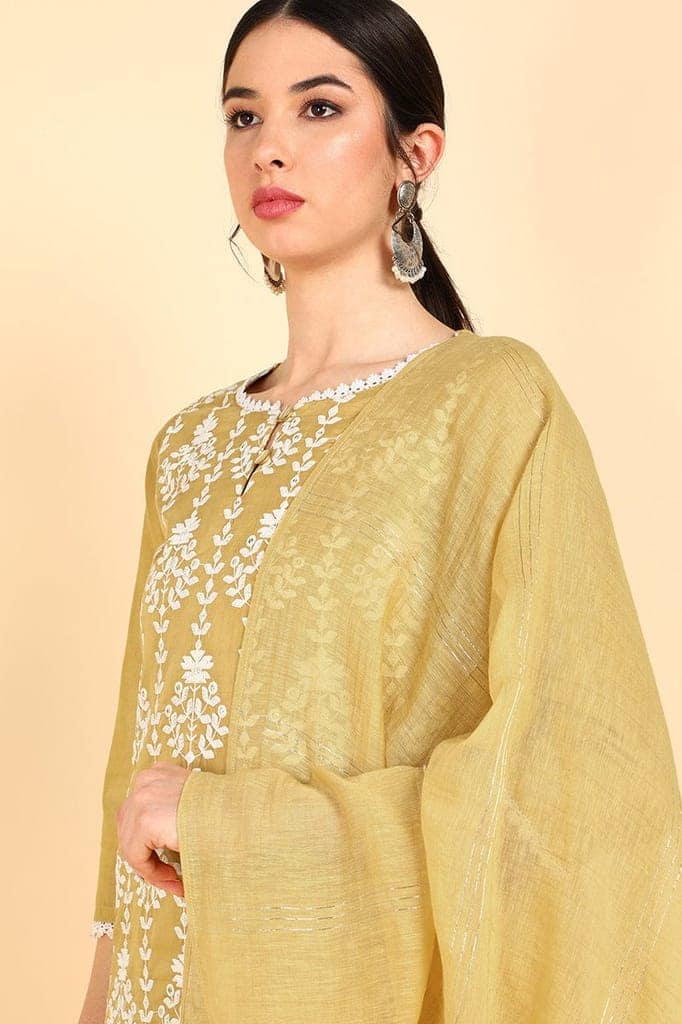 Khaki Poly Silk Embroidered Straight Suit Set PKSKD1345 view 2