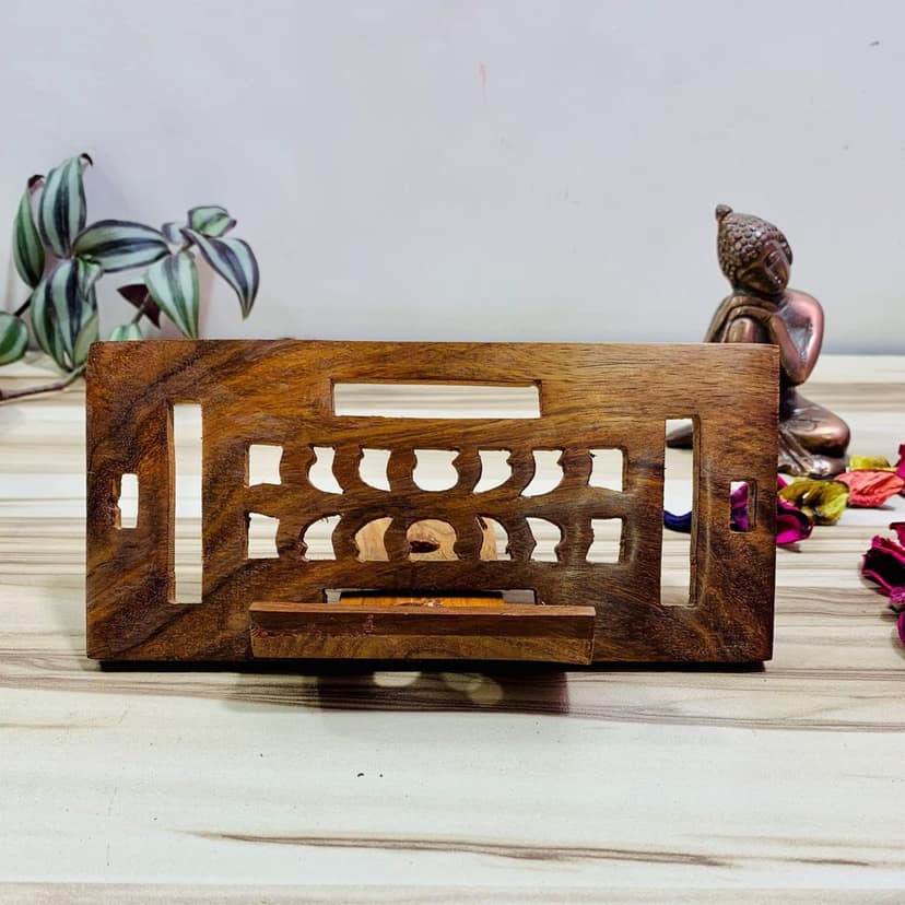 Homefrills Beautiful Handicraft Rectangular Wooden Mobile Stand Holder for Table for Home, Office Decoration -Can Hold Any Size Mobile-Size-18*8.5 cm view 2