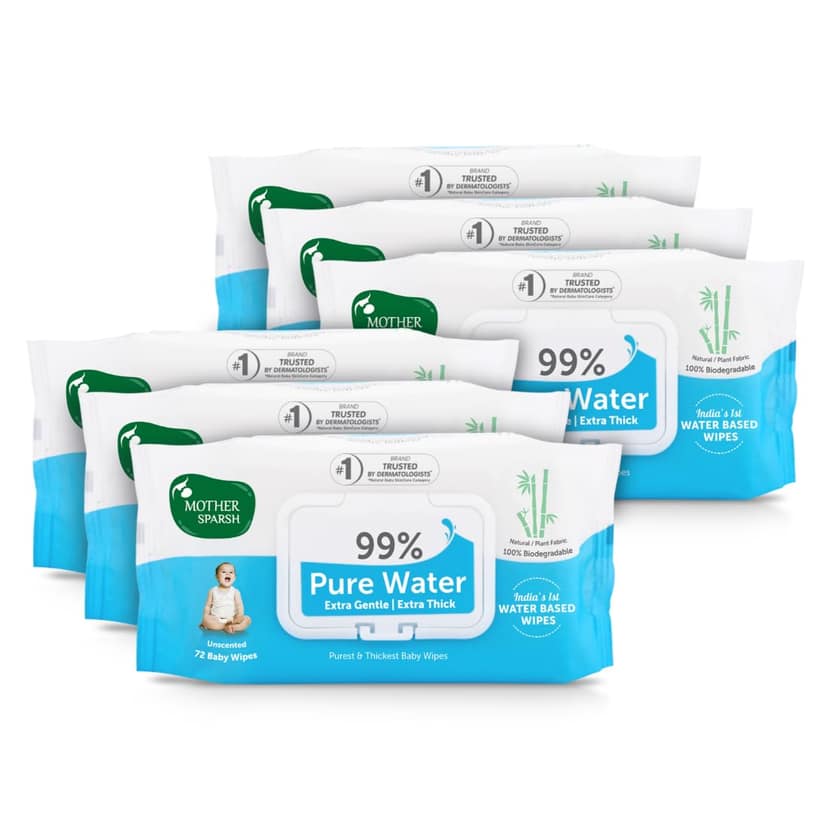 Mother Sparsh 99% Pure Water (Unscented) Baby Wipes I Natural Plant Made Cloth - Super Thick I 72 pcs/Pack - Pack of 6 (Super Saver Pack) Mother Sparsh 99% Pure Water (Unscented) Baby Wipes I Natural Plant Made Cloth - Super Thick I 72 pcs/Pack - Pack of