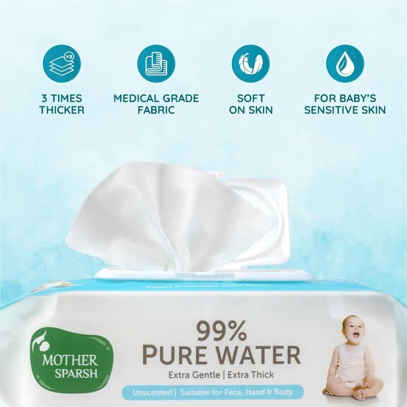 Mother Sparsh 99% Pure Water (Unscented) Baby Wipes I Natural Plant Made Cloth - Super Thick I 72 pcs/Pack - Pack of 6 (Super Saver Pack) Mother Sparsh 99% Pure Water (Unscented) Baby Wipes I Natural Plant Made Cloth - Super Thick I 72 pcs/Pack - Pack of view 2