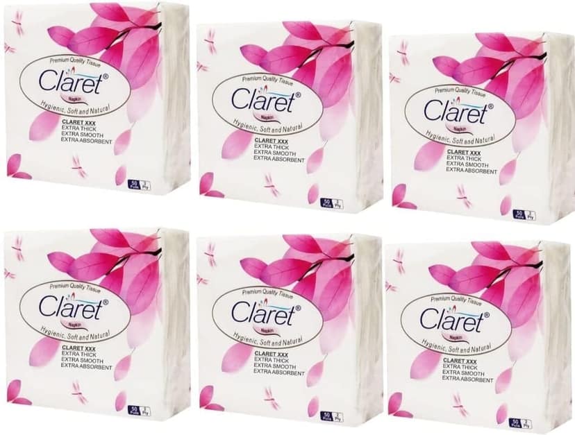 Claret 6 in 1 White Paper Napkins - 2 Ply, Soft, Durable & Highly Absorbent, 50 Pulls per Napkin for Home, Office & Daily Use (Pack of 1)