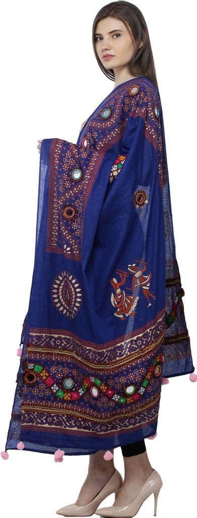 Marzipan-Blue Printed Dupatta from Kutch with Hand-Embroidered Florals and Mirrors view 2