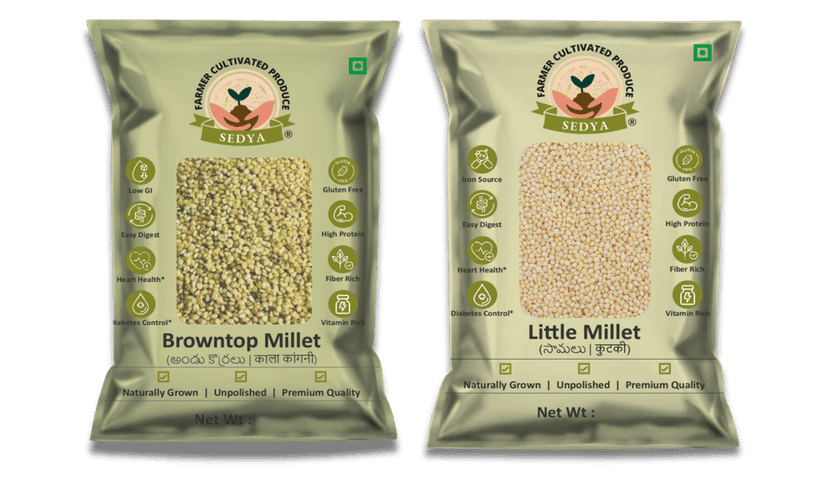 Sedya Two Millet Combo Whole Grains | Browntop & Little Millet | Certified Low GI | Korale / Samai | Gluten Free | Unpolished, Toasted, No Soaking Required | High Plant Protein & Fibre | Total 1 Kg (500 g Each Pack)