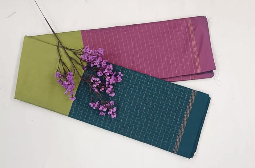 Noil silk checked border saree Light green and dark green view 2