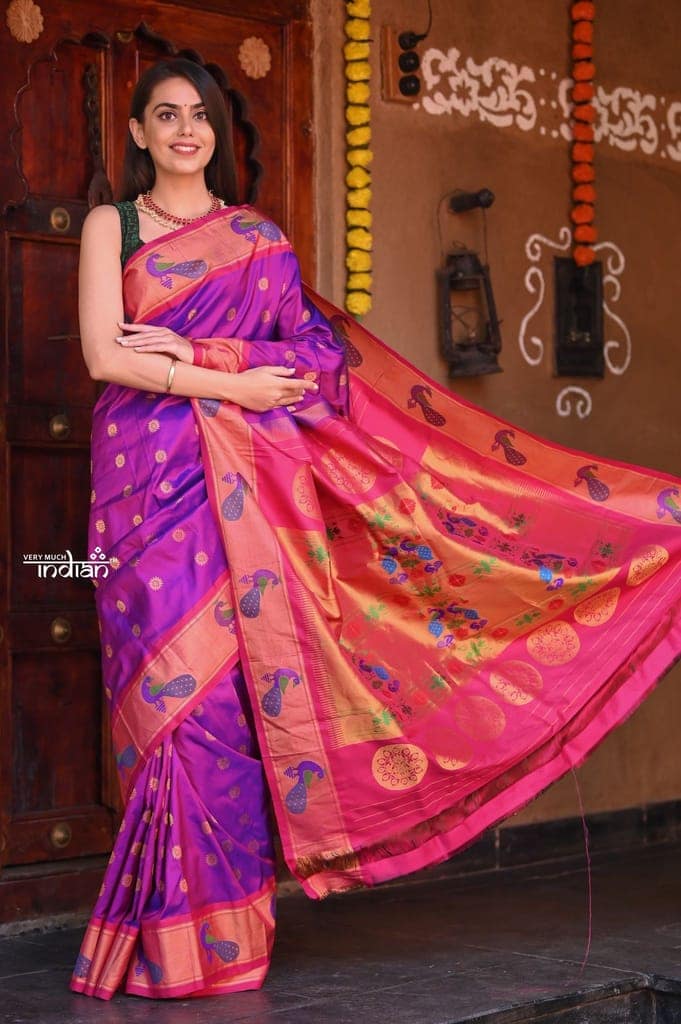 Raaga- Authentic Handloom Purple Maharani Paithani with Pink Peacocks Border view 2