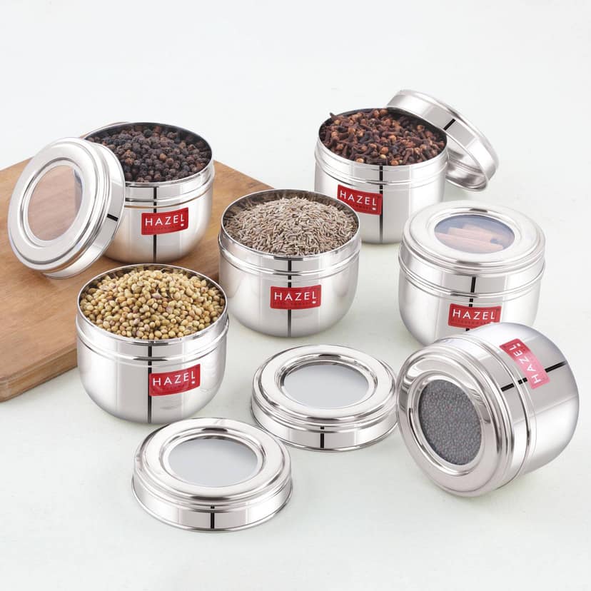 HAZEL Stainless Steel Transparent Lid Containers , Versatile Storage Jars with See-Through Top , Nesting Kitchen Canisters for Spices, Snacks & Grains , 300ml (Set of 6)