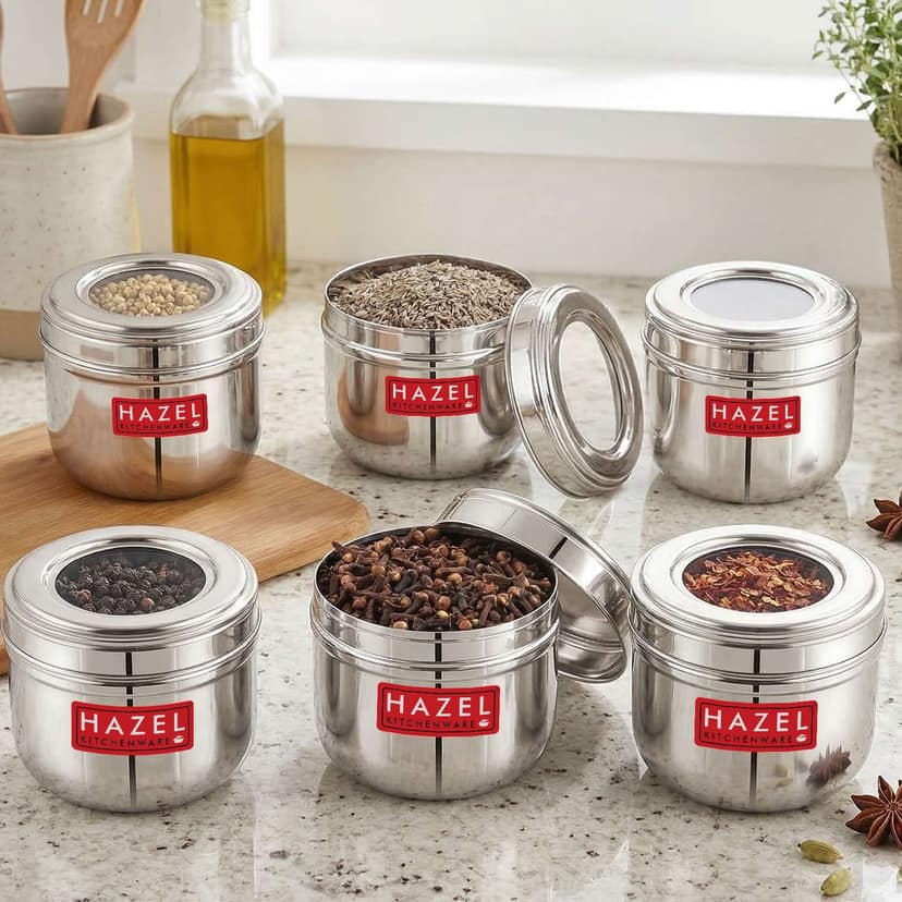HAZEL Stainless Steel Transparent Lid Containers , Versatile Storage Jars with See-Through Top , Nesting Kitchen Canisters for Spices, Snacks & Grains , 300ml (Set of 6) view 2