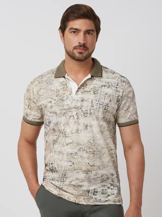 Grey Printed Slim Fit Polo