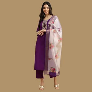 AURELIA Women's Purple Embroidered Kurta Trouser Dupatta Set