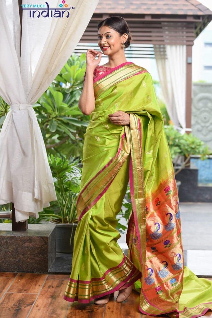 Pure Silk Yeola Handloom Light Green Paithani Weave with Golden Border and 30 Peacocks Pallu view 2