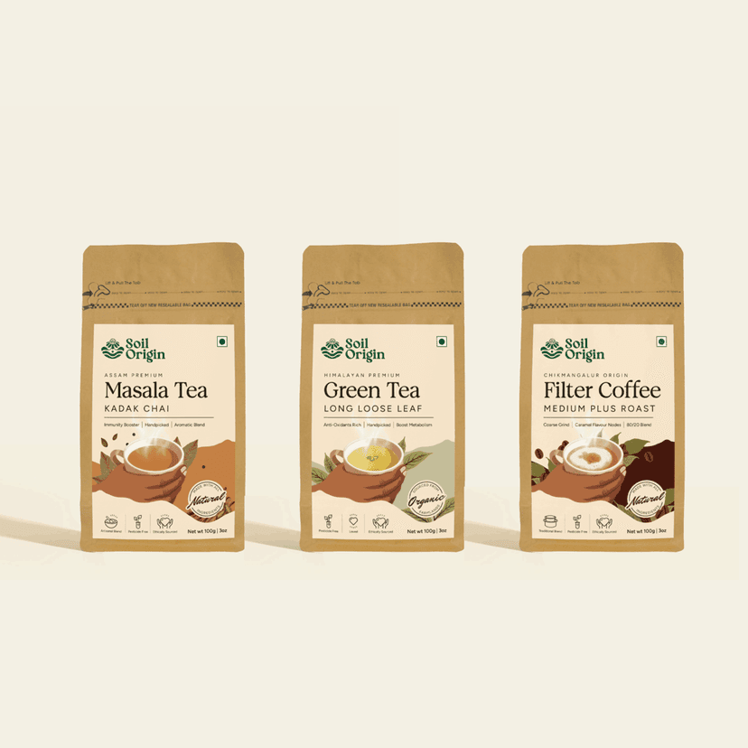 Tea & Coffee Essentials Combo - Assam Masala Tea, Himalayan Green Tea, Filter Coffee