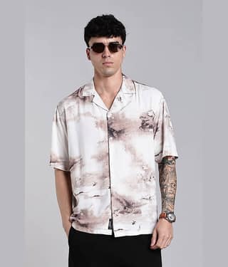 Paul Street Rayon Boxy Printed Half Sleeves Cuban Collar Men's Casual Shirt (Beige)