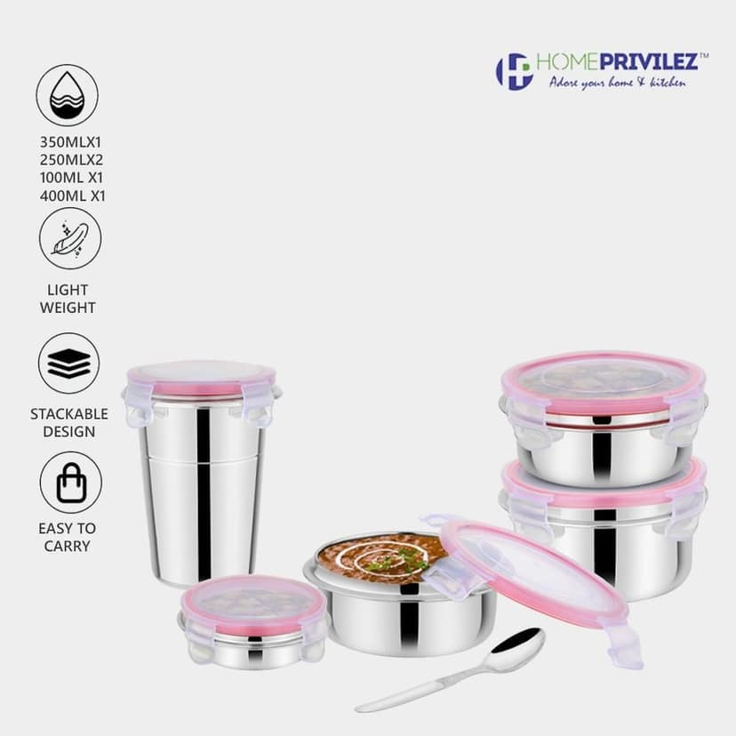 "Steel-Fresh" Stainless Steel Air Tight and Leak Proof Lunchbox-350mlx1,250mlx2 pcs, 100mlx1 and Glass 400ml (Set of 5 Combo) view 2