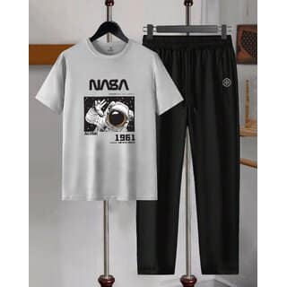 AUSK Mens Casual Printed Cotton Blend Grey & Black Summer wear Co-ords set of T-Shirt & Trakpant