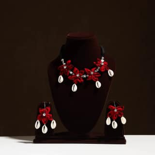 Red - Fabart Phool Kali Shell Choker Necklace Set 06