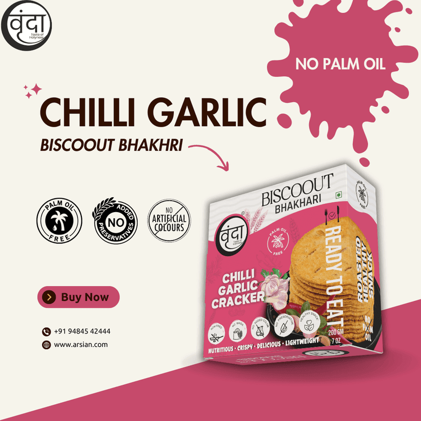 Vrunda Palm Oil Free Roasted Bhakhari |Chilli Garlic Cracker|Snacks |Pack of 4 (200Gm each) view 2