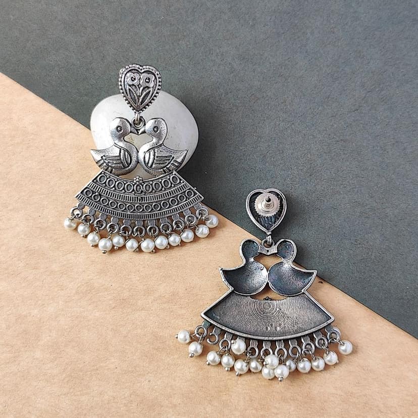 Antique Silver Look Alike Oxidized Peacock Dangler Drop Temple Earring For Women And Girls (Female) view 2