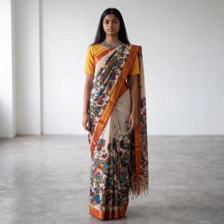 Cream Floral Pedana Kalamkari Semi Pattu Saree with Blouse