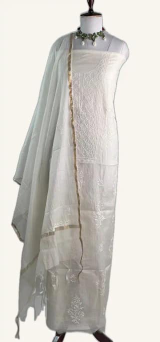Chikankari Mul Chanderi Dress Material Ivory Floral Yoke
