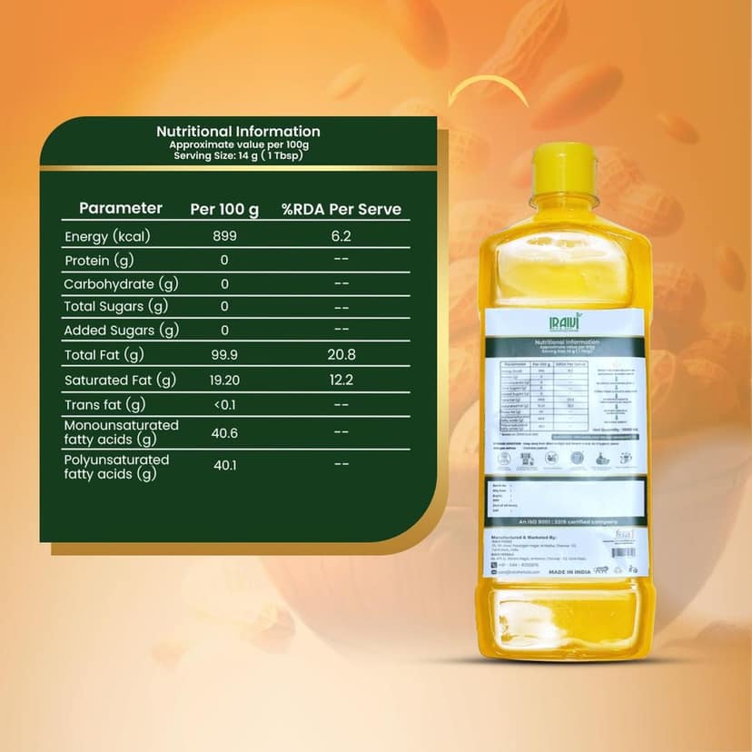 Iraivi - Wood Cold Pressed Groundnut Peanuts Oil - 1 Ltr | Marachekku/Kolhu/Kachi Ghani/Ganuga Cooking Oil| 100% Pure| Unrefined | Nutrient Rich| 100% Natural | Plastic Bottle view 2