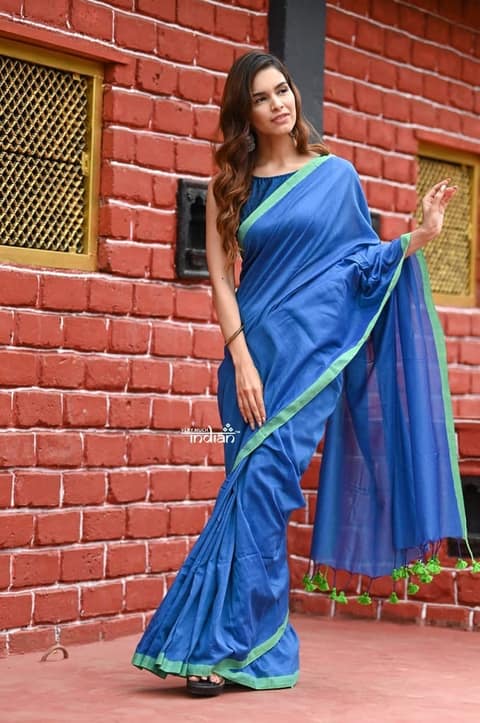 Pure Cotton Handloom Sarees with Intricate Borders~ blue view 2