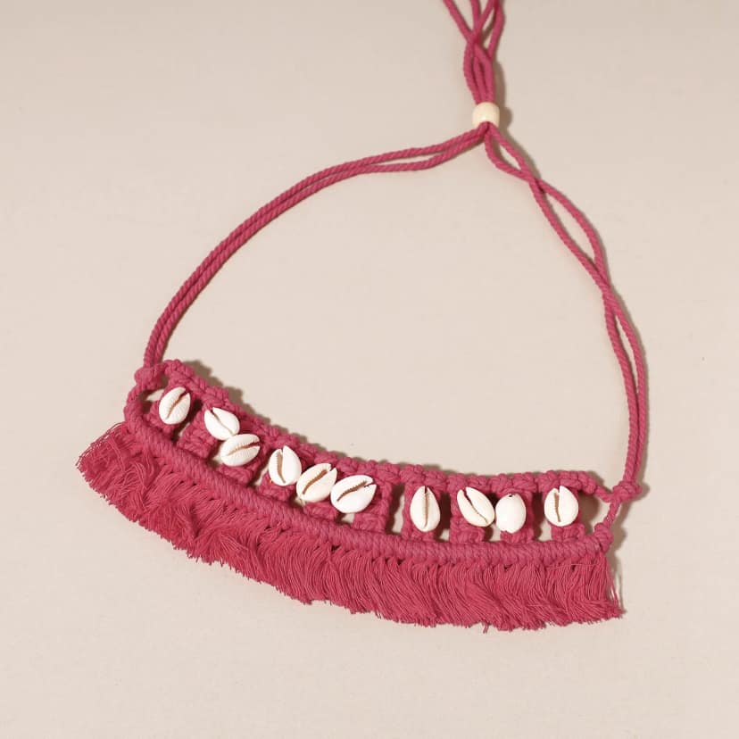 Pink Thread & Seashell Work Handmade Macrame Choker Necklace view 2