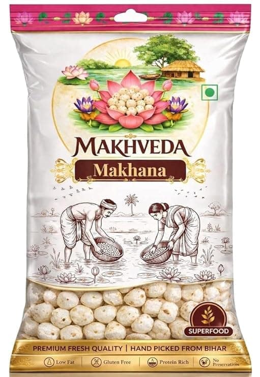 MAKHVEDA - Makhana | Premium 6+ Suta Hand Picked Phool Makhana | Healthy Fasting Snack | Fox Nuts | Lotus Puffs | Desi Superfood