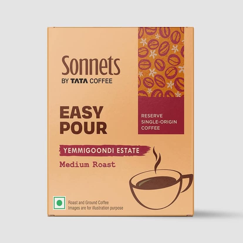 Sonnets by Tata Coffee, Easy Pour, Yemmigoondi Estate, Medium Roast & Ground Coffee,Tasting Notes of Jackfruit, Black Pepper & Cloves, 5 Easy Pour Bags