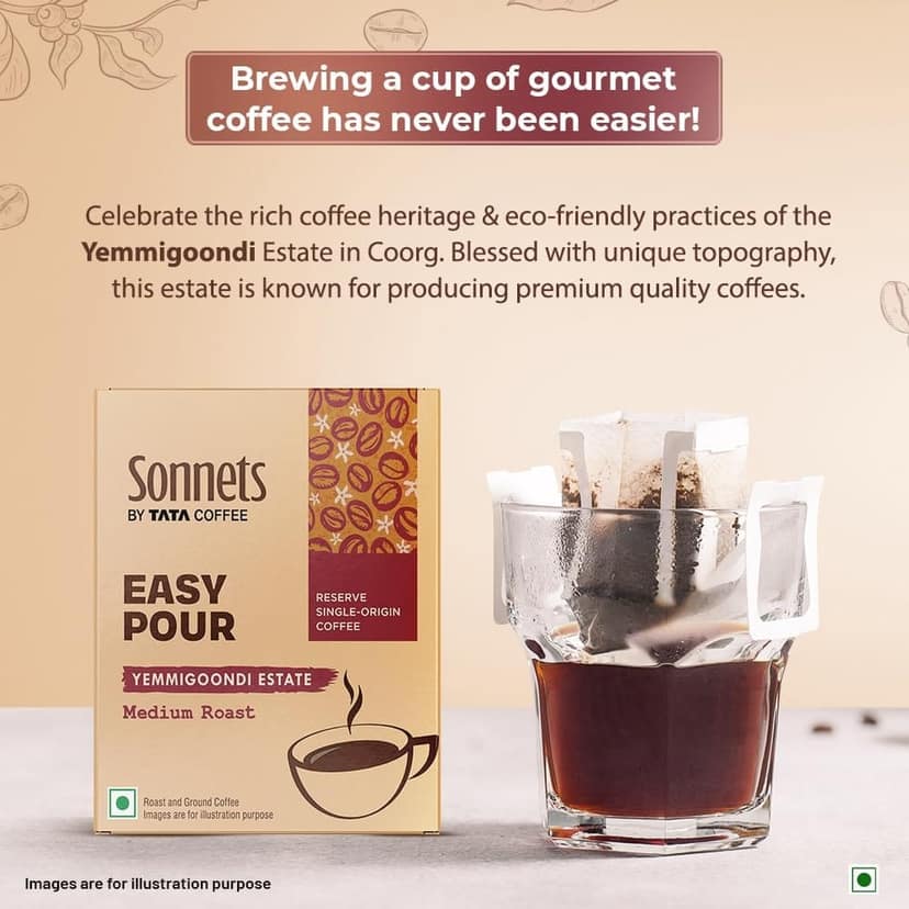Sonnets by Tata Coffee, Easy Pour, Yemmigoondi Estate, Medium Roast & Ground Coffee,Tasting Notes of Jackfruit, Black Pepper & Cloves, 5 Easy Pour Bags view 2