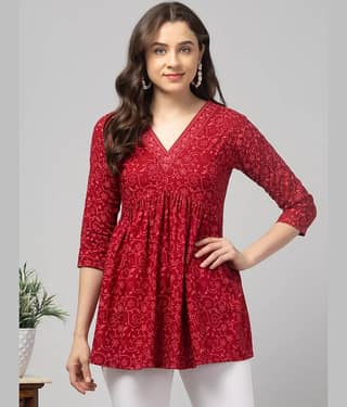 Aura Glam Women Viscose Rayon Printed Flared Kurti ( Maroon )