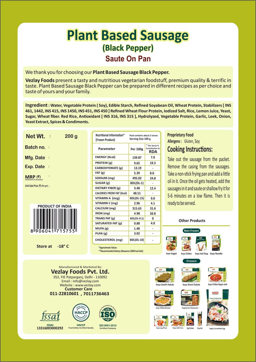 Vezlay Plant Based Sausage(Black Peeper), 200 gm view 2