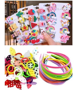 20 Pieces Stylish Hair Accessories Combo for Kids – Shiny Color Hair Bands | Cute Cartoon Mix Design Hair Clips | Bunny Ear Rubber Bands for Kids & Girls - Multicolor