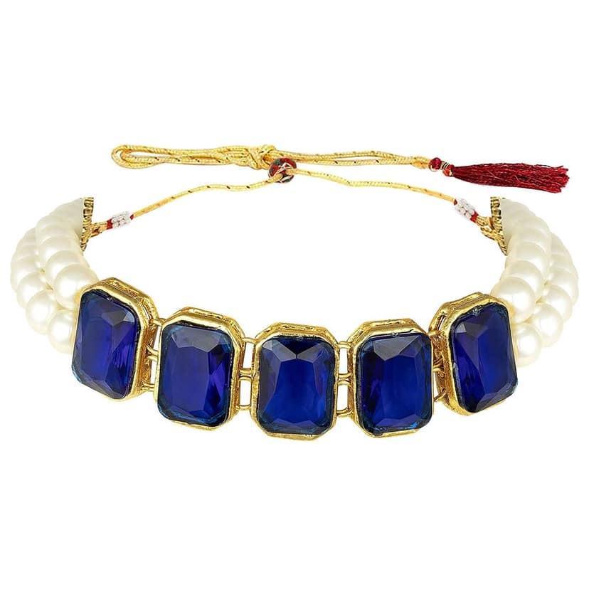 Gold Plated Traditional Crystal Stone Pearl Studded Choker Necklace Jewellery Set for Women (Blue) view 2
