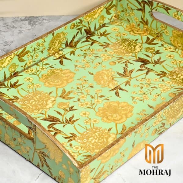 The Mohraj Green Floral MDF Trays with Curved Handles Set of 3 view 2