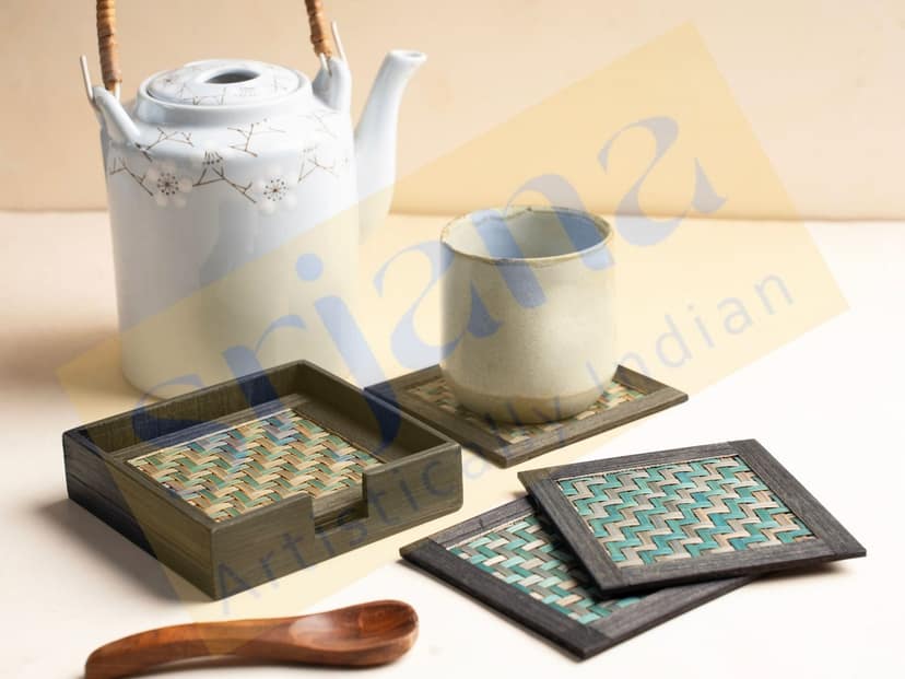 Srjana Handcrafted Handwoven Bamboo Coaster Set with Wooden Case