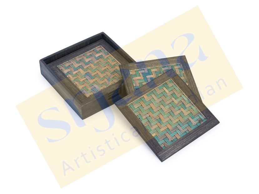Srjana Handcrafted Handwoven Bamboo Coaster Set with Wooden Case view 2
